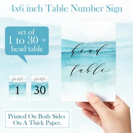 Clabby 31 Pcs Wedding Table Numbers 1-30 Blue Beach Double Sided 4 x 6 inch Ocean Table Numbers and 1 Head Card for Wedding Baby Shower Anniversary Birthday Bridal Party Reception