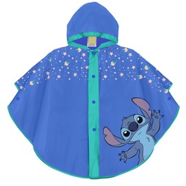 PERLETTI Stitch Children's Rain Poncho Waterproof Blue with Stars - Alien Rain Cape Little Girls Boys Nursery - Rain Jacket 3 4 5 6 Years with Hood and Buttons - Raincoat Unisex