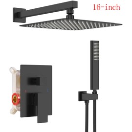 EMBATHER Black Shower System 16" Rainfall Top Spray Shower Faucet Combo Set with Handheld