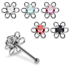 AZARIO LONDON 5 Pieces Pack Crystal Stone Filigree Flower Top 22 Gauge 925 Sterling Silver Nose Bone Stud Piercing