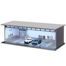 1/64 Scale Model Car Display Case with Light Lighting, Diecast Cars Storage Cases in Repair Workshop Parking Lot Assembly Scene, Acrylic Toy Garage for Alloy Car Models Grey