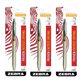 Zebra Sarasa Grand, Retractable Gel Ink Pen, Gold Barrel, Medium Point, 0.7mm, Black Ink, Sold as 3 Pack