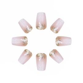 MERVF Coffin Press on Nails Medium Fake Nails White Ombre French Tip Glue on Nails Press ons with Gold Glitter Design Acrylic Nails Ballerina False Nails Glossy 24pcs
