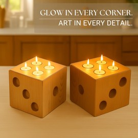 IXXORA Wooden Tea Light Candle Holders, Set of 2 Handcrafted Dice-Inspired Cube Candle Holders in Natural Pine Wood, Rustic Home Décor Accents for Living Room, Kitchen & Table Centerpieces