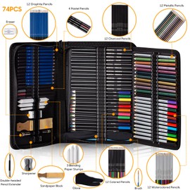 Spardar Kit de Lápices de Dibujo 74 Piezas Incluye Lápices para Dibujar de Carbón y Grafito, Borradores, Sketchbook y Bolso Portátil, etc, Regalo ideal para Principiantes y Artistas, Niños y Adultos