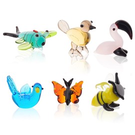 AHANDMAKER 6Pcs Mini Animals Figurines, 6 Styles Glass Animal Figurines for Table Home Decoration, Dragonfly Bird Bees Pigeon Flamingo Butterfly Glass Display Miniature for Anniversary Birthday Gift