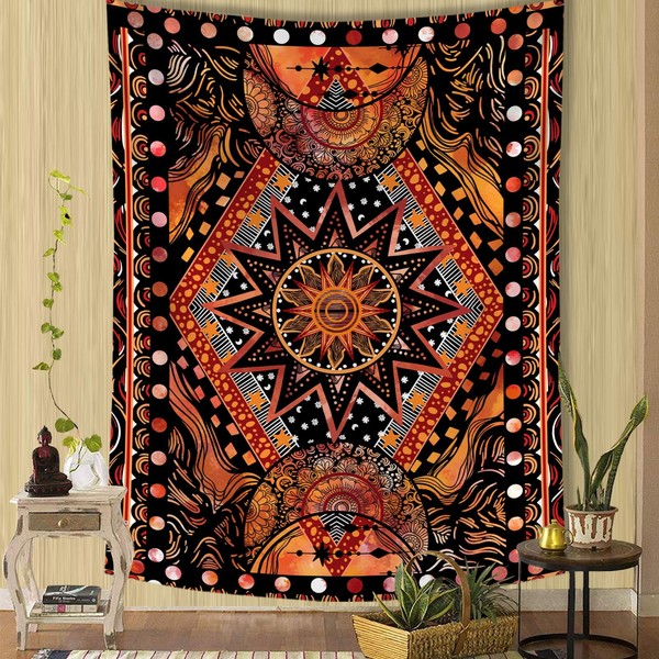 Fowocu Orange Sun and Moon Tapestry Wall Hanging, Indie Hippie