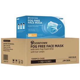 Jointown Anti-fog 3-ply Disposable Face Mask, Face Mask with Efficient Filter Media for Adult, Adjustable and Soft Nosepiece, Case of 1000 pcs Blue