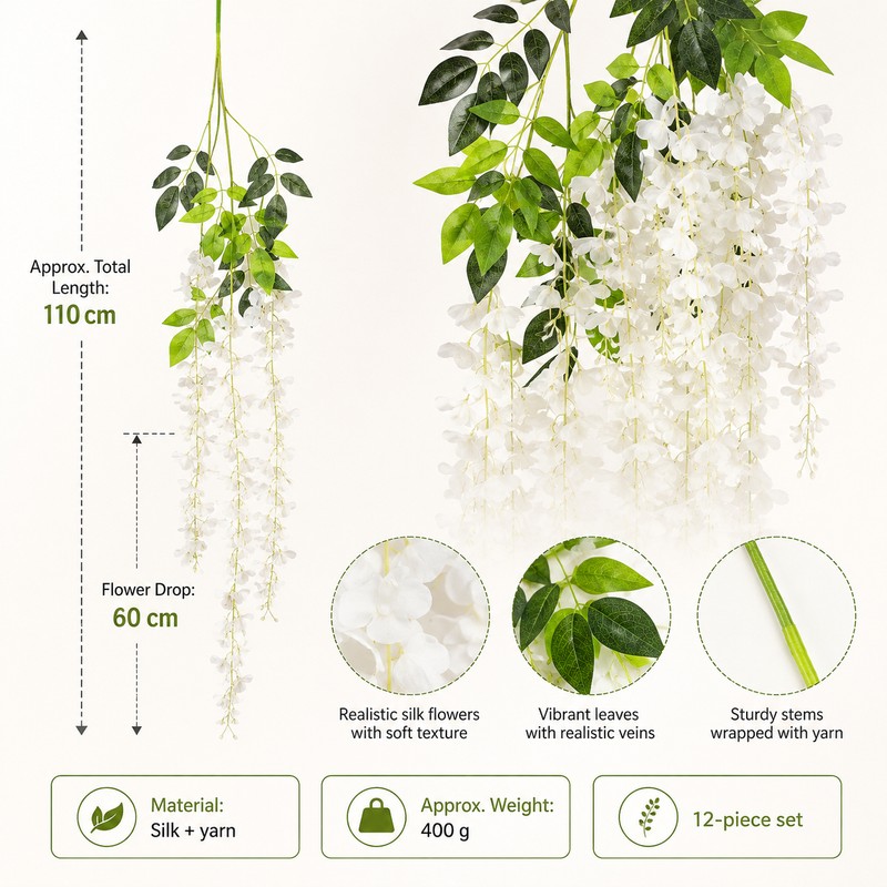 12-Piece Artificial Wisteria Vine Set – Hanging Silk Faux Flowers