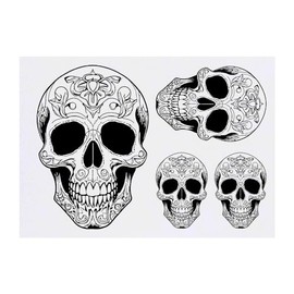 4 x 'Decorated Skull' Temporary Tattoos - Water Resistant, Skin-Safe, Non-Toxic Transfers, Mixed Sizes (TO00069668)