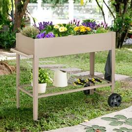 Giantex Raised Garden Bed with Legs, Metal Planter Box with Wheels, Storage Shelf, Hooks, Handle, Mobile Elevated Garden Box for Vegetables Flowers Fruits Gardening (Light Brown)