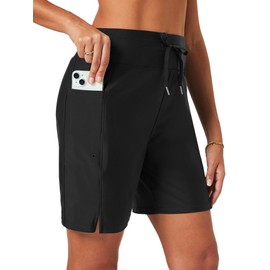 FitsT4 Sports Swimming Shorts Women's 7 Inch Swimming Trunks Quick Drying Bikini Shorts High Waist Trunks with Inner Briefs and Pockets, black