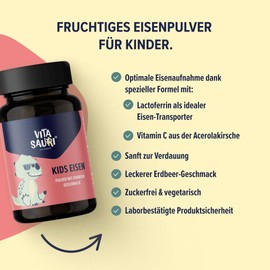 edubily nutrition® Vitasauri Kids Eisen - Eisenpulver für Kinder mit Lactoferrin & Vitamin C aus Acerolaextrakt - Leckerer Erdbeer-Geschmack - Vegetarisch - Ohne Zucker (65 g)