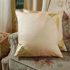 Indian Selections Gold - Set of 2 Decorative handcrafted Sari Cushion Cover, Throw Pillow Case 16" X 16"