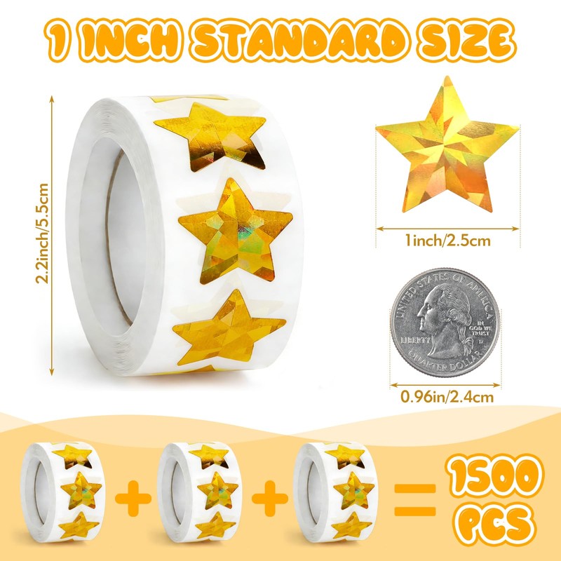 Holographic Gold Star Stickers 1 Inch Self Adhesive 1500 Pcs