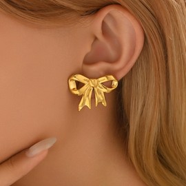 Kyazeo Dainty Bow Stud Earrings for Women 18K Gold Plated Minimalist Ribbon Stud Earring Cute Pearl Bowknot Earrings Simple Everday Jewelry for Her