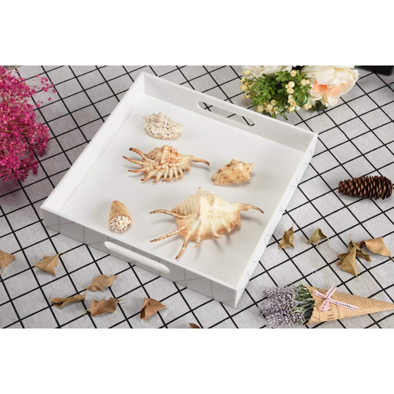 KEVLANG Glossy White Sturdy Acrylic Serving Tray with Handles-10x10Inch-Serving Coffee,Appetizer,Breakfast,Butler-Kitchen
