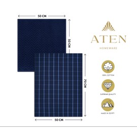 ATEN Homeware Pure Cotton Kitchen Towels Set - Stylish 6 Pack with 3 Tea towels 50x70cm & 3 Kitchen towels 50x50cm - 100% Ring Spun Egyptian Cotton - Plush, Super Soft & Highly Absorbent (Dark Blue)
