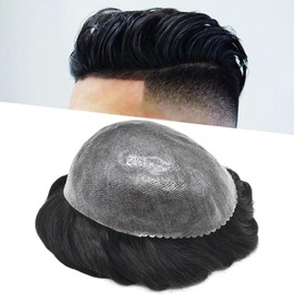 Healthlif Toupee For Men Full Poly Mens Toupee Human Hair Pieces For Men Hair Replacement System Hairpieces For Men Protesis Capilar Para Hombre 8x10#1 JET BLACK 120% Density