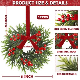12 Pcs 11”Mini Christmas Cabinets Wreaths for Kitchen, Small Artificial Hanging Wreath with Christmas Bow Cedar Branchs Red Berry Clusters for Kitchen Cabinet Fireplace Window Front Door Wall Decor