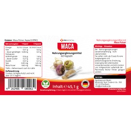 primedical Maca Capsules Vegan, 1950 mg Maca Powder per Daily Dose, Lactose Free, Gluten-Free, Produced in Germany, 1 x 60 Capsules