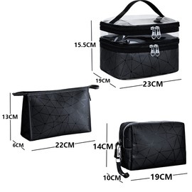Mikytoper Makeup Bags 3 PCS, Double Layer Cosmetic Bag + 2 Make Up Bags with Diamond Pattern, Travel Toiletry Bags for Men and Women (Black)