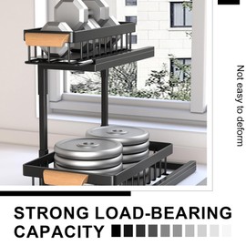 HEVOY 2-Tier Sliding Under Sink Organizer, L-shape Pull Out Cabinet Organizers, Multi-purpose Sink Storage Shelves, Metal Mesh Drawer Organizer for Bathroom Kitchen (Black, Pull-Up & Down Style) | HEVOY