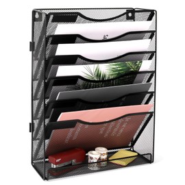EasyPAG Wall File Holder Organizer 7 Tier Mesh Hanging Wall Mounted Document Paper Folder Filing Magazine Rack with Nametag Label for Office Home School, Black
