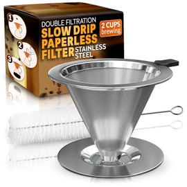 Stainless Steel Pour Over Coffee Maker - 3.18x4.48" Pour Over Coffee Dripper with Wide Secure Base, Large Plastic Handle, and Brush for Easy Cleaning – Ensures Well-Balanced, Clean Flavor
