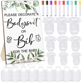 35 Pcs Baby Shower Games Baby Bibs Design Wooden Baby Shower Game Sign DIY Bodysuit Bib Sign 15 White Blank Baby Feeder Bibs 9 Newborn Bodysuit 10 Marker for Baby Shower Boys Girls(Greenery)