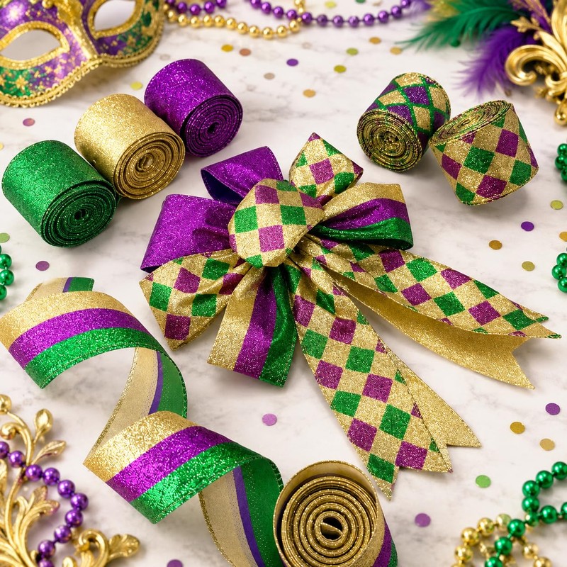 6 Rolls Mardi Gras Ribbon, 2 Inch x 5 Yards,