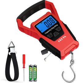 HEETA Waterproof Fish Scale Digital with Backlit LCD Display, 110lb/50kg Portable Hanging Scale Fishing Scale for Home and Outdoor, Measuring Tape and 2 AAA Batteries Included (Red)