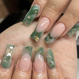 Rilafuvu Press on Nails Medium Long Fake Nails French False Nails Square Acrylic Nails Jade green Acrylic Nails Glossy Glue on Nails 24Pcs-12 Sizes