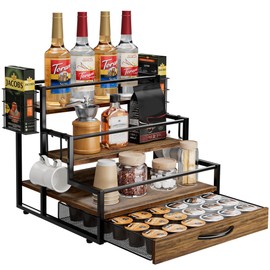 Coffee Syrup Organizer Rack, 4-Tier Syrup Bottle Holder Stand with 36 K Cup Pod Drawer Storage for Coffee Bar, 12 Bottles Storage Shelves for Syrup, Wine, Dressing for Kitchen Coffee Station