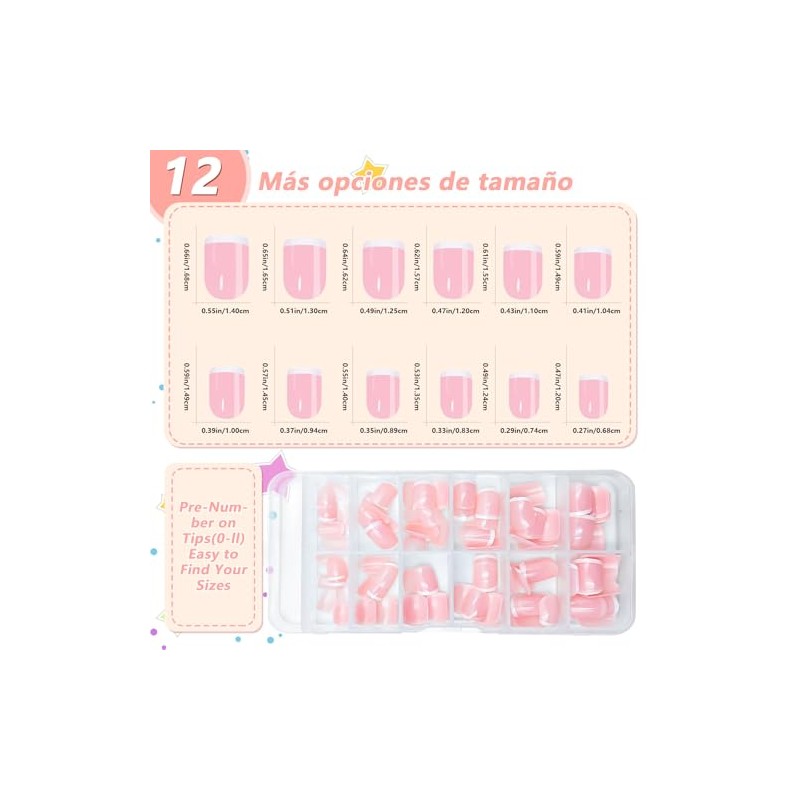 120 Uñas Postizas Francesas Cuadradas, Rosa Nude, 12 Tamaños