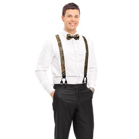Hisdern Men's Braces, Wide Bow Tie and Pocket Handkerchief Set, Elastic and Adjustable Length in Various Designs - A-gold-3