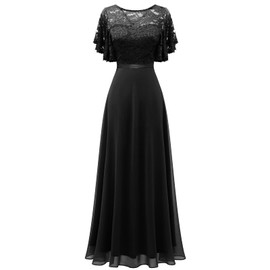 DRESSTELLS Women's Lace Chiffon Wedding Guest Bridesmaid Dress Elegant V-Back Formal Evening Gown for Weddings, Prom, Funeral, Black L