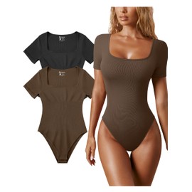 OQQ Women's 2 Piece Bodysuits Sexy Ribbed One Piece Square Neck Short Sleeve Bodysuits Black Coffee