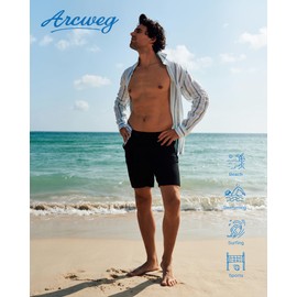 Arcweg Mens Long Swimming Shorts Swim Shorts with Zip Pockets for Men Quick Dry Mens Swimming Trunks Adjustable Drawstring Board Shorts Surf Beach Shorts Black M