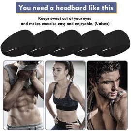 5 Packs Mens Sports Headbands Sweatband Sports Headbands for Running, Cycling, Basketball, Yoga, Fitness Workout Stretchy Unisex Headbands (Black)