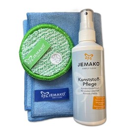 Jemako Plastic Care Set 3 Pieces – 200 ml Care Products – Professional Cloth Blue – Cleaning Pad Green