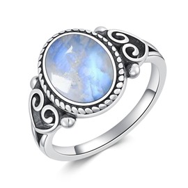 QKABTI Moonstone Engagement Rings for Women Sterling Silver 11x8 MM Oval Shaped Gemstone Filigree Rings Vintage Western Jewelry Birthday Gifts Size 5-11