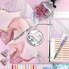 HITHOTMMA Carpeta de 3 Anillas, Carpeta Decorativa de 3 Anillas,con Separadores de 5 Pestañas y Etiquetas de Carpetas de Archivos, para Suministros de Oficina,escolares,Mármol Rosa