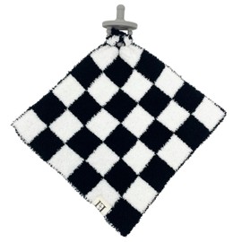 Checkered Baby Lovey Pacifier Holder 10"x10" - Cuddly Soft Knitted Soothie Reversible Mini Comfort Security Blanket - Snuggle Newborn Gift Essential for Babies Boys and Girls (Black/White)