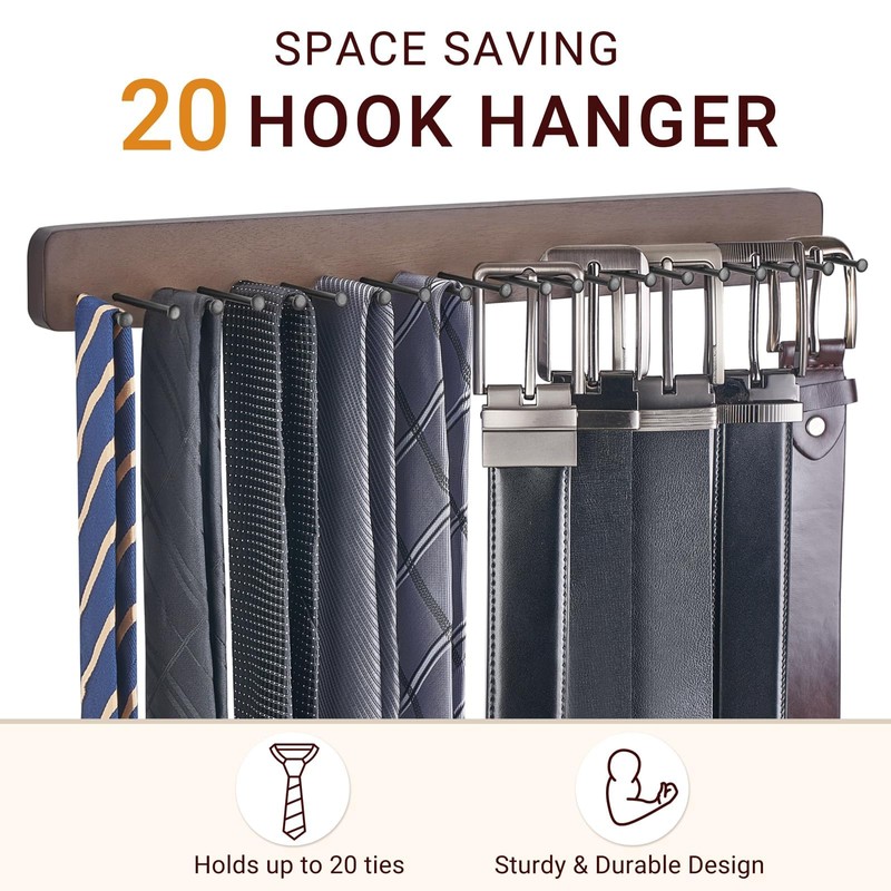 Mkono Tie Rack Wall Mounted Belt Hanger Holder Rustic Wood