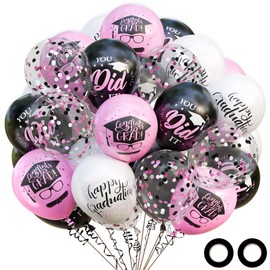 OuMuaMua 75 Pack Graduation Party Decorations Balloons Set - 12 Inch Pink Black White Confetti Graduation Balloons with 2 Ribbons for Class of 2025 Congrats Grad Birthday Party Decor Supplies
