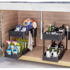 2 Packs of Under Sink Organizers with Storage, Slide Out Pull Out Cabinet Organizer Shelf, Metal Sliding Drawer for Kitchen Bathroom Pantry Cabinet Closet Organization Rack