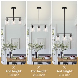 ROCUNSI 3-Light Kitchen Island Lighting, Black Pendant Light Fixture, Farmhouse Dining Room Light Fixtures Over Table, Modern Hanging Light Fixtures with Clear Glass, E26 Base, Bulbs Not Included