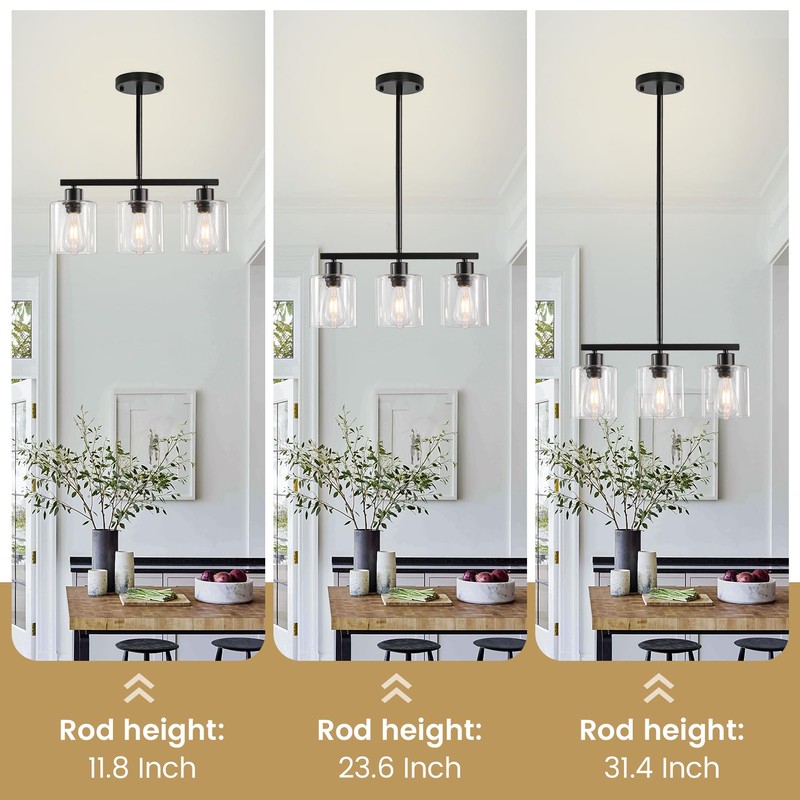 ROCUNSI 3-Light Kitchen Island Lighting, Black Pendant Light Fixture, Farmhouse