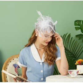 Cizoe Fascinators for Women with Feather Mesh Veil Headband Bridal Wedding Tea Party Cocktail Hat(A-White)